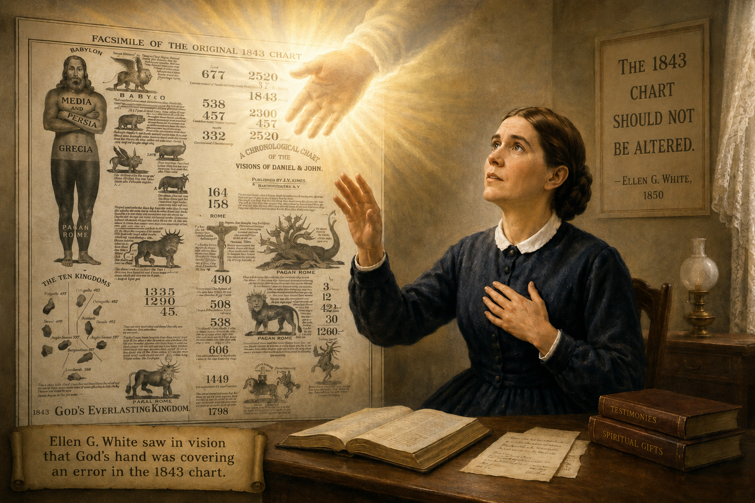 Ellen White in vision seeing what she thought was the hand of God covering up a mistake in the 1843 chart (copyright nonegw.org)