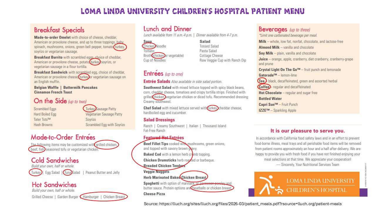 Loma Linda Children's Hospital Menu (March, 2026, fair use)
