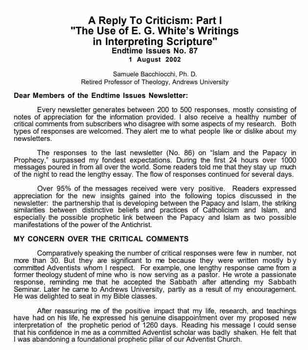 Image of first page of Samuele Bacchoicchi's Endtime Issues (no. 87, Aug. 1, 2002)