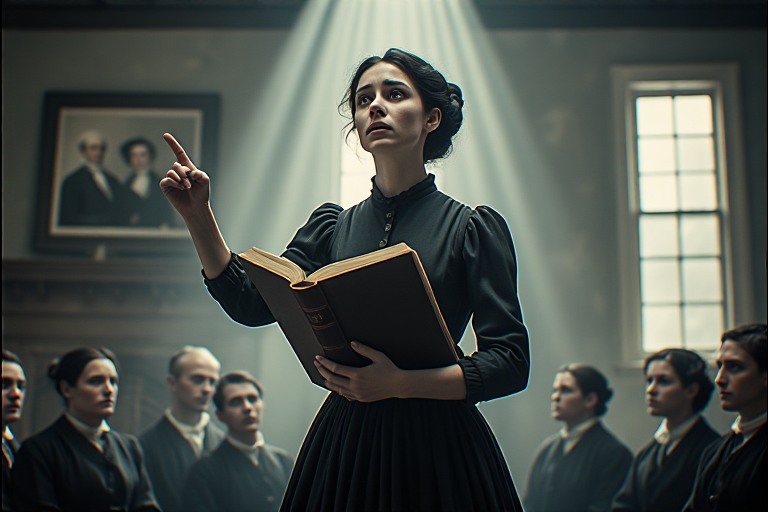 Realistic portrayal of Ellen lofting a heavy Bible in vision &copy; 2026/Anderson - AI Generated