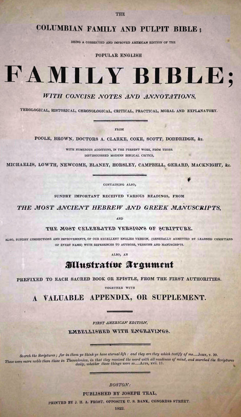 Title Page of the 1822 Harmon Family Bible (photo by Ronald Graybill)