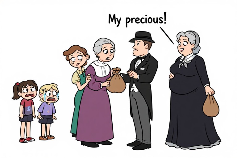 Ellen White looking on as a family turns over their inheritance to the SDA corporation