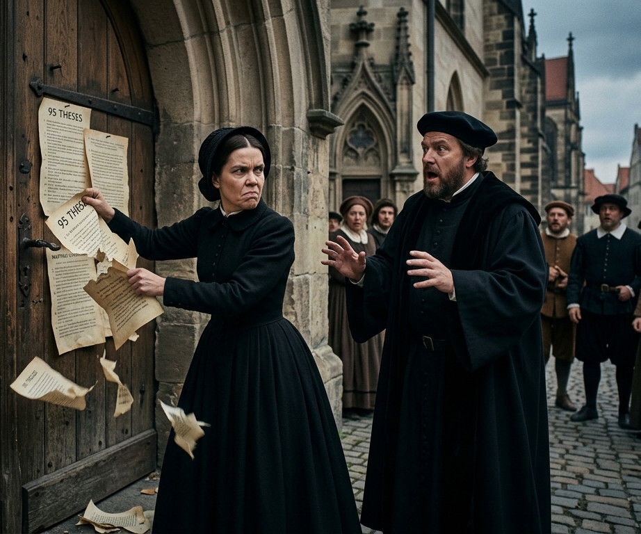 Picture of Ellen White Pulling down Martin Luther's 95 Theses - Owner: nonegw.org