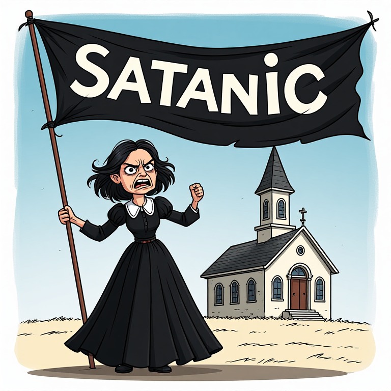 Ellen White placing a black banner with the word Satanic in front of a church. Artwork owned by nonegw.org