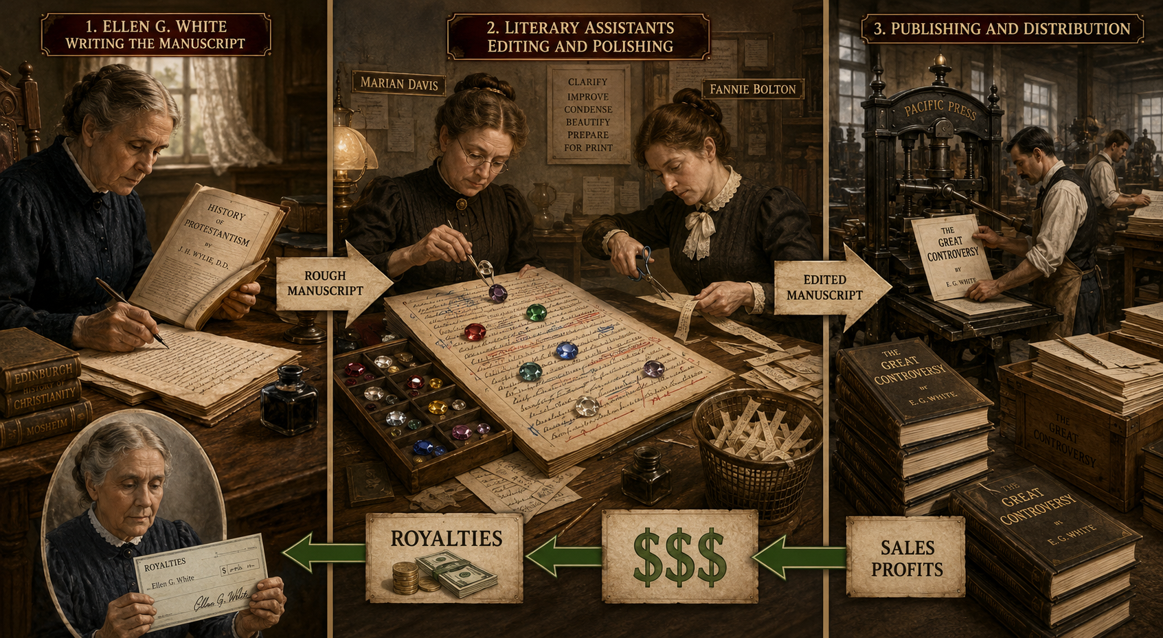 Ellen White's book assembly line (copyright nonsda.org)
