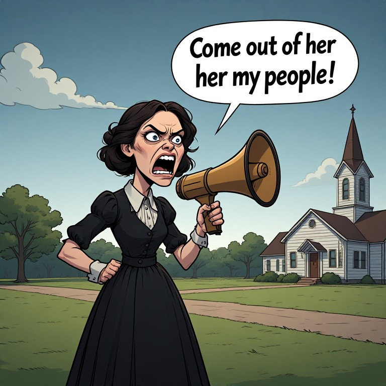 Ellen White calling people out of Christian churches. Artwork owned by nonegw.org