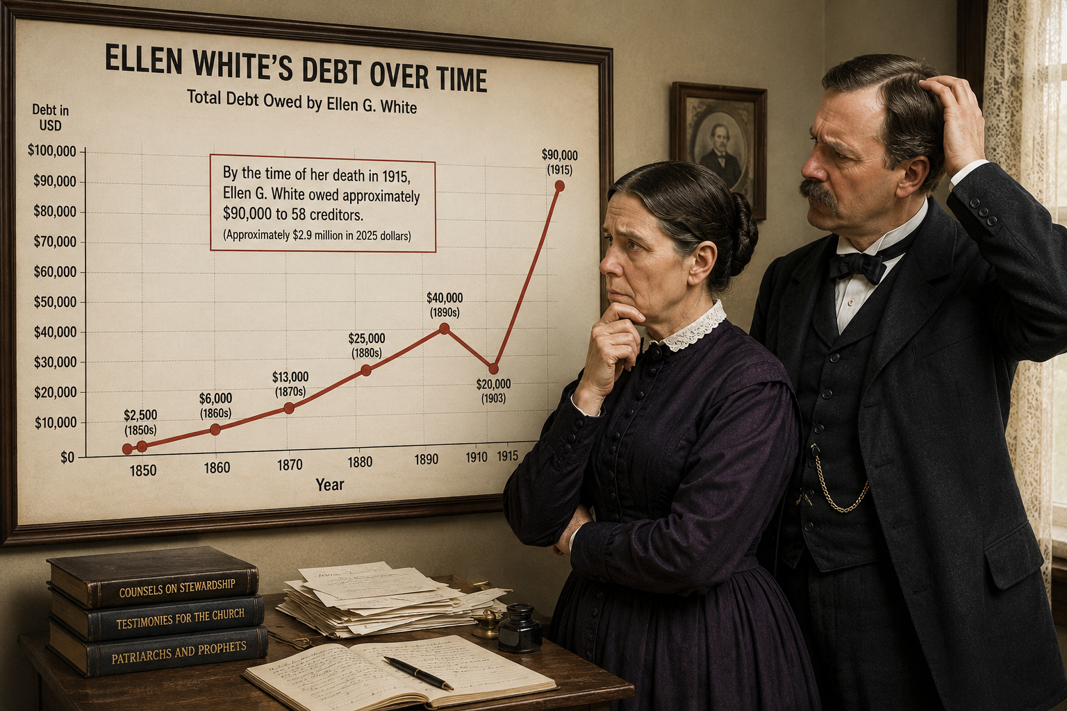 Ellen White and W.C. White viewing a chart of Ellen White's debt
