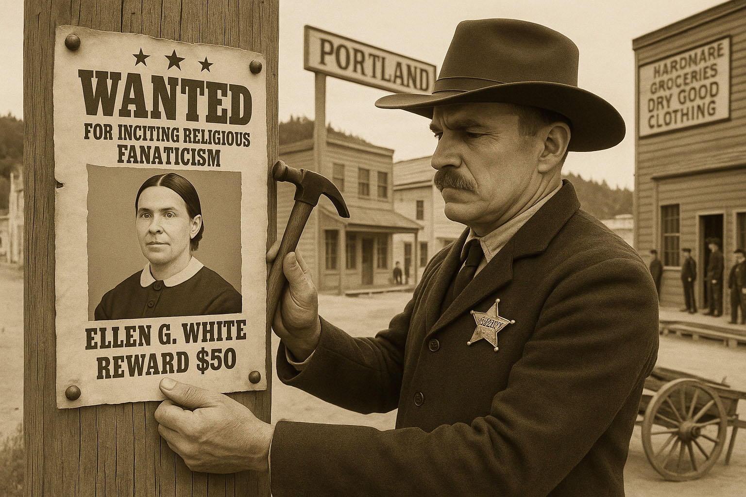 Artistic image of a sheriff in Portland putting up an arrest poster for Ellen White.  Artist: Pavle Simovic