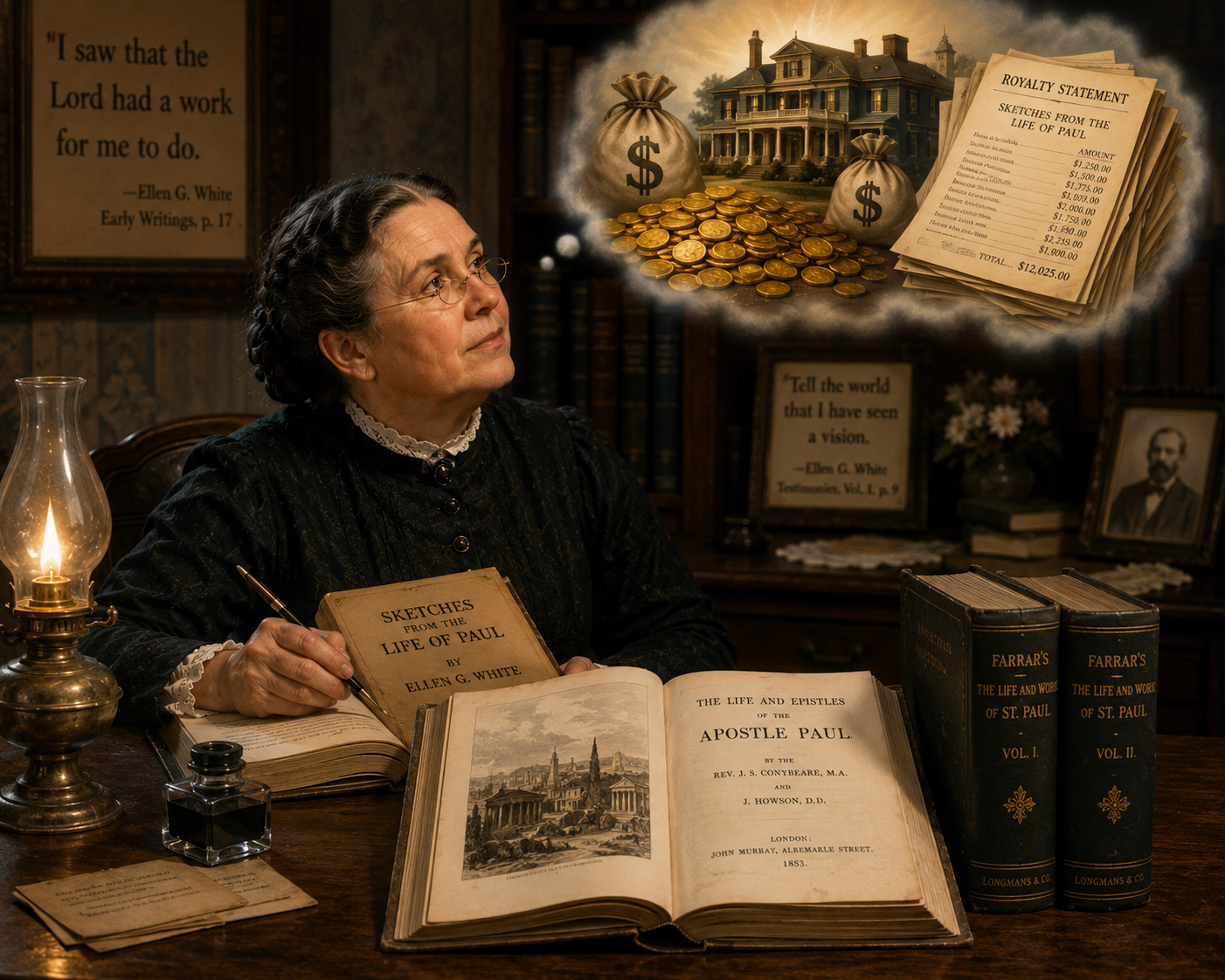 Ellen White writing Life of Paul and contemplating the royalties (copyright nonsda.org)