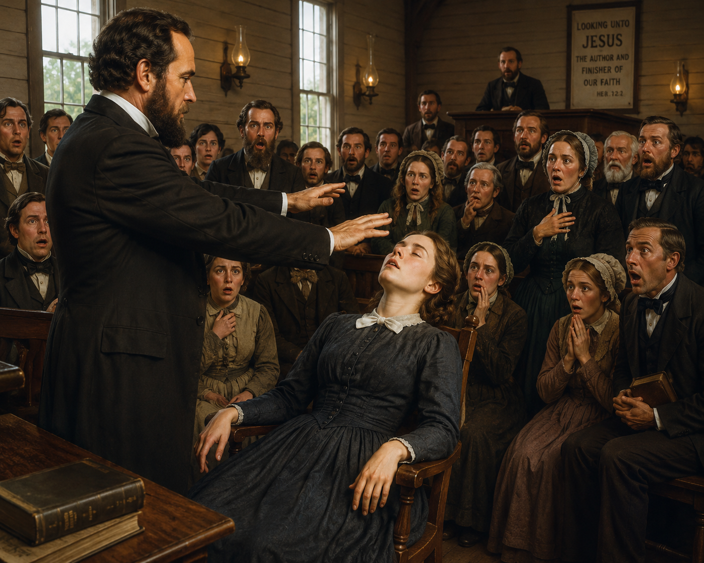 Artistic rendition of James White mesmerizing Ellen White (copyright nonsda.org)