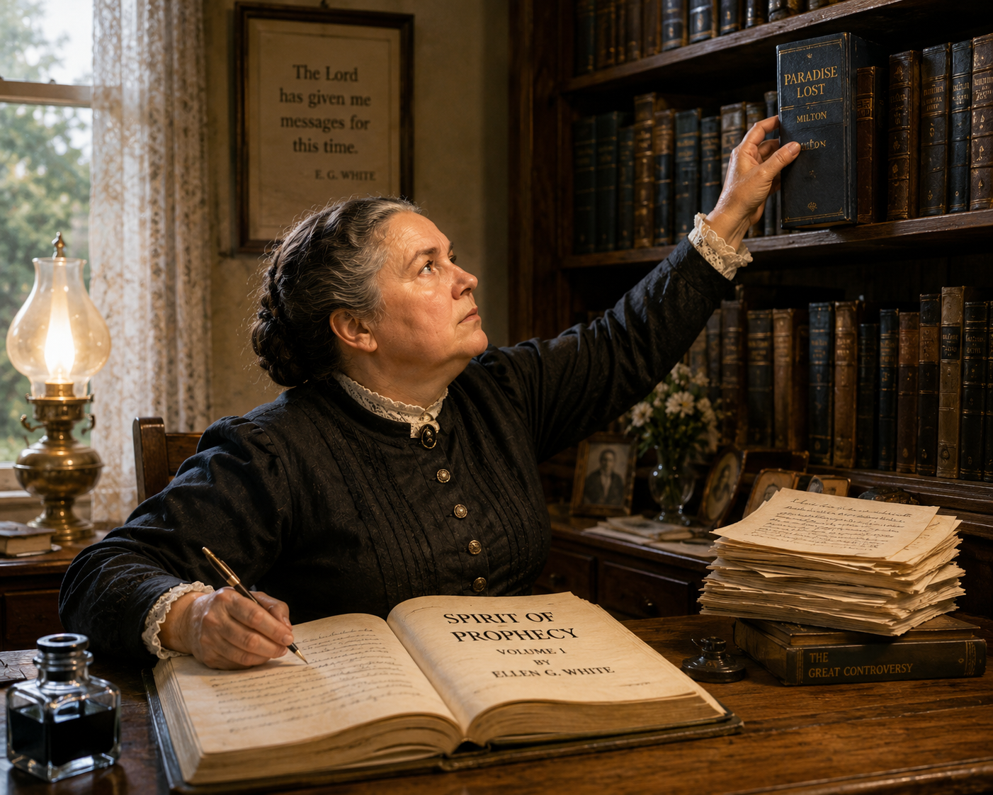 Ellen White writing Spirit of Prophecy and reaching for Milton's Paradise Lost