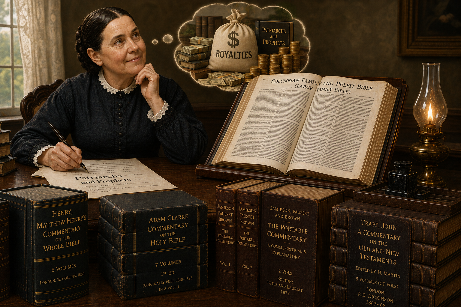 Image of Ellen White writing Patriarchs and Prophets and imagining her royalties (copyright nonsda.org)