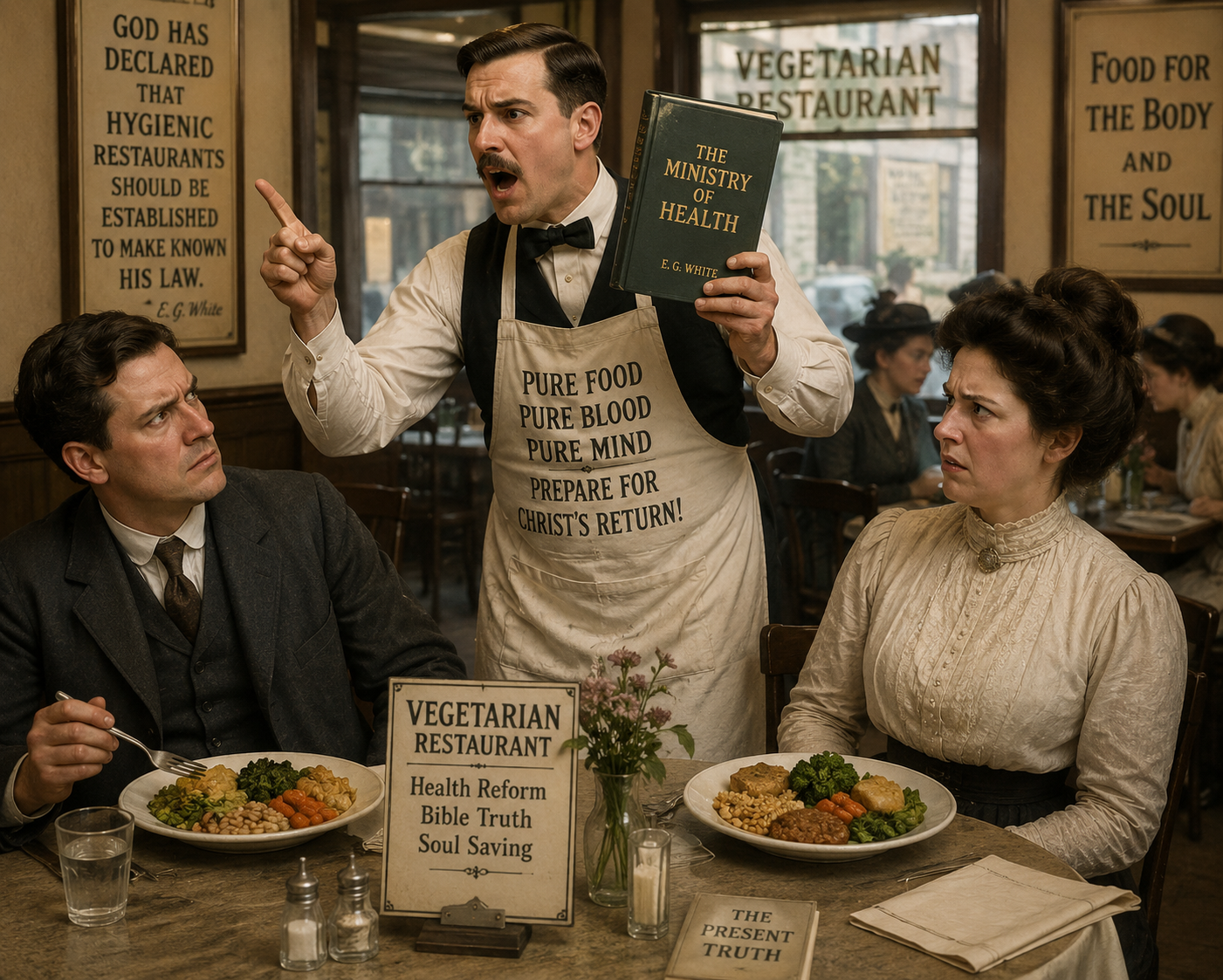 Artistic rendition of an SDA lecturing patrons on SDA dogma in an SDA vegetarian restaurants (copyright nonsda.org)