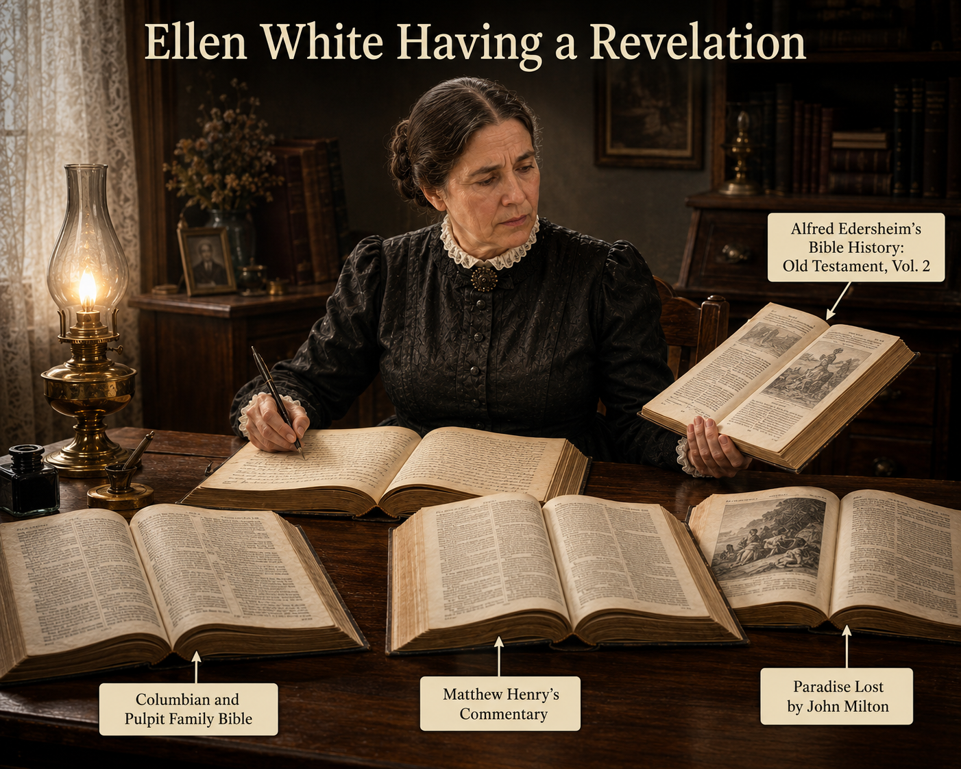 Sources of Ellen White's revelations, including her annotated Bible, John Milton, Matthew Henry, and Alfred Edersheim (copyright nonsda.org)
