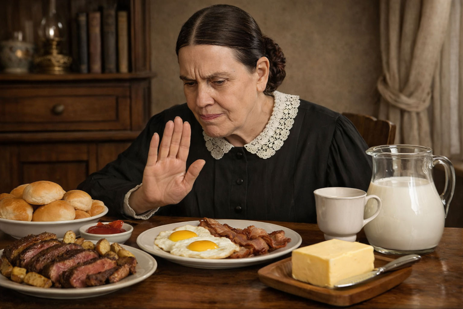 Ellen White abastaining from meat and butter (Artist: Pavle Simovic)