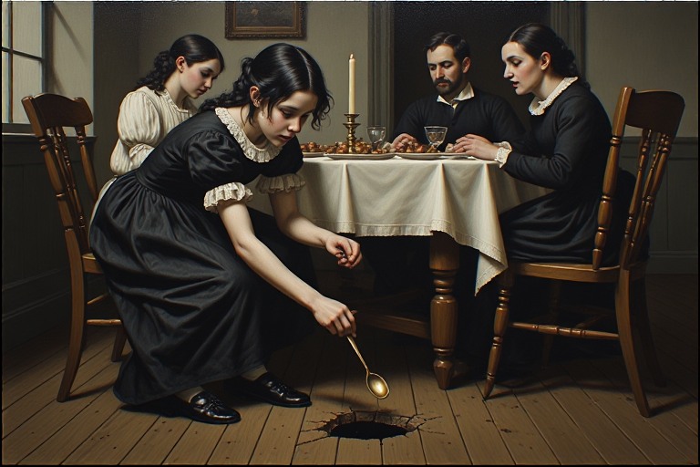 Ellen dropping a spoon into a crack in the floor