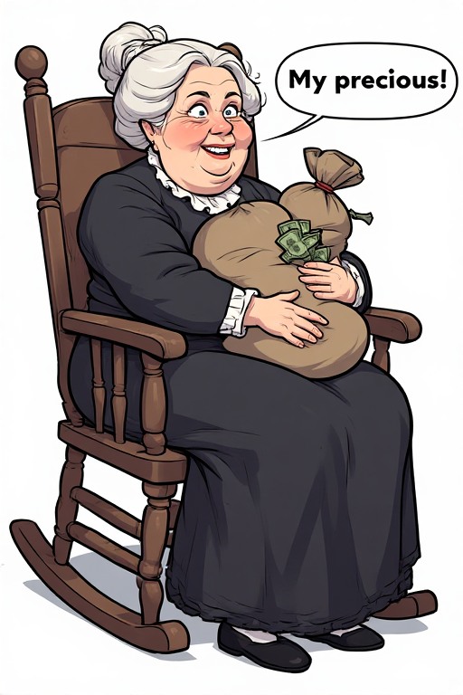 Cartoon of Ellen White hugging money bags (AI generated by nonegw.org)