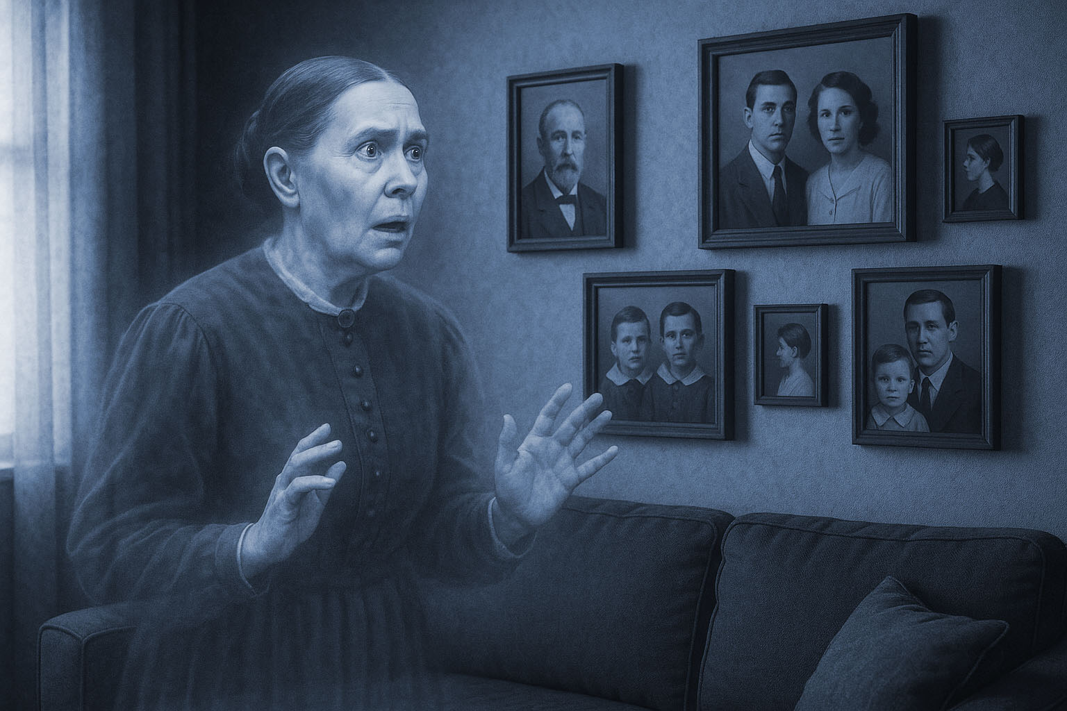 Ellen White, in spirit form, viewing photographs on a wall with a shocked look on her face (Artist: Pavle Simovic)