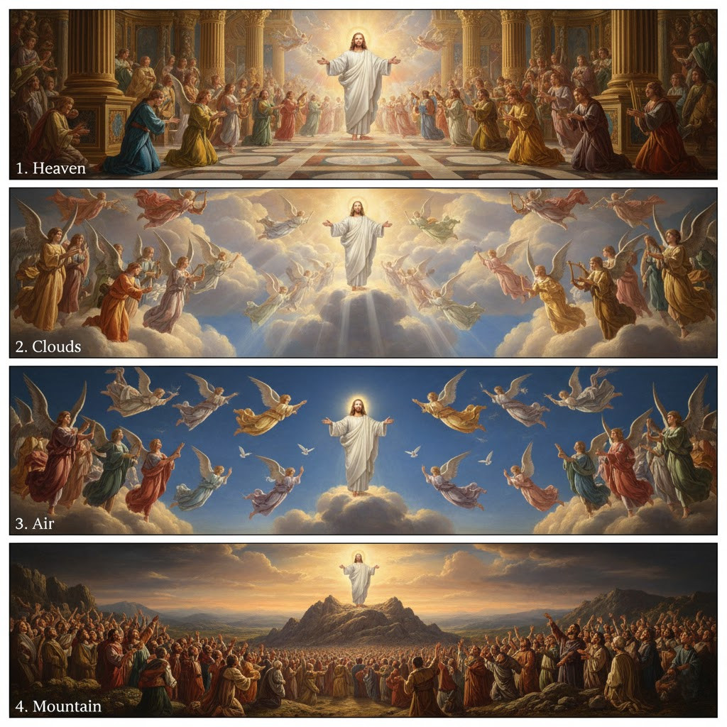 4-stage return of Christ: Heaven ==> Clouds ==> Air ==> Mountain
