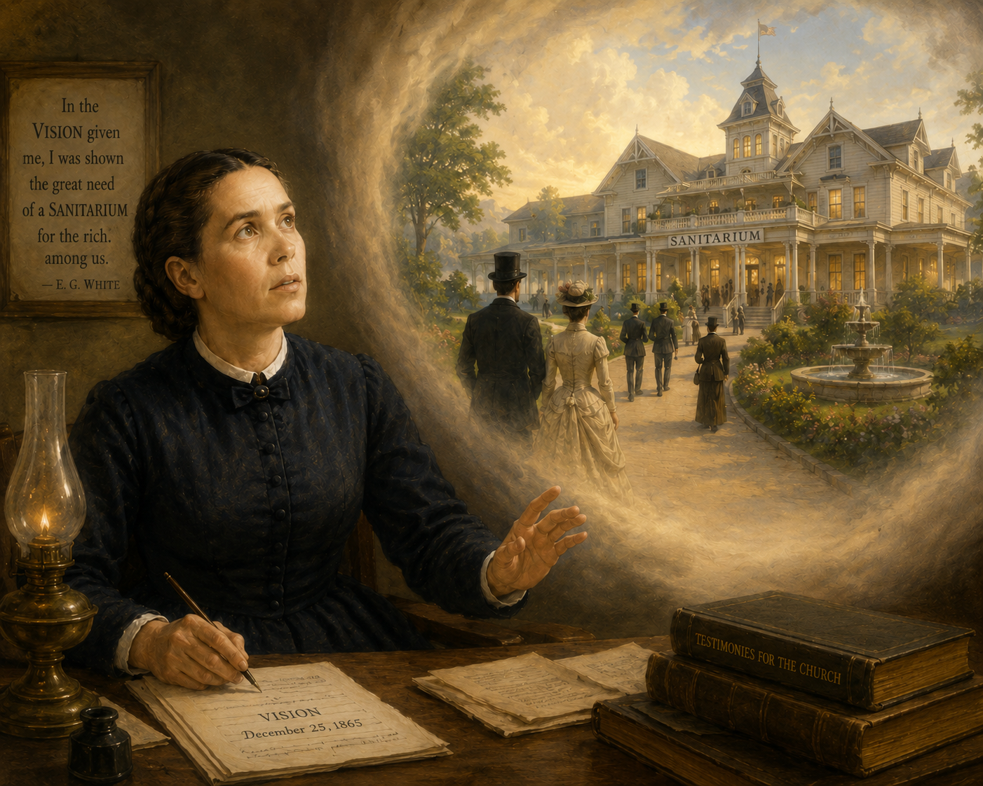 Ellen White in vision seeing a Sanitarium for the wealthy. &copy nonsda.org