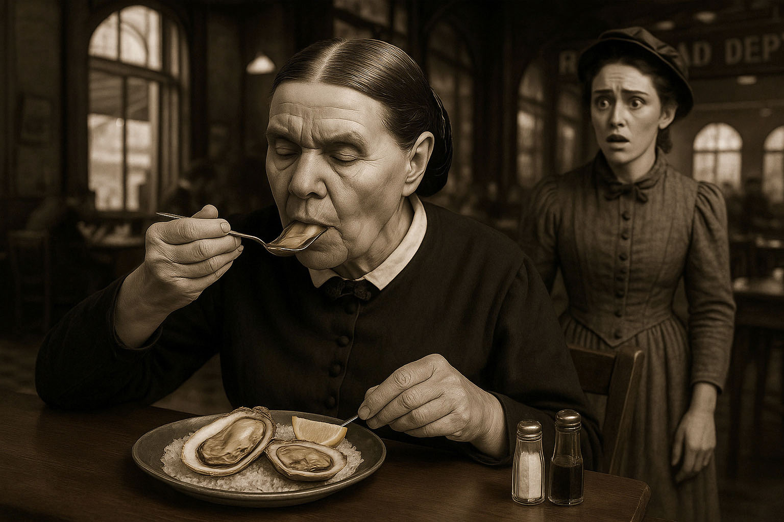 Ellen White privately feasting on oysters while Fannie Bolton looks on in shock (artist: Pavle Simovic)