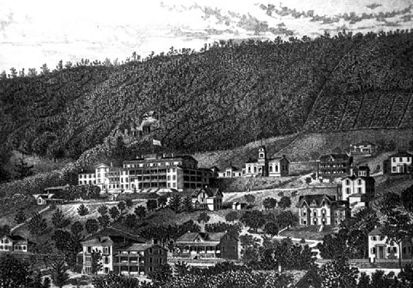 Historic photograph of Our Home on the Hillside in Dansville, New York, showing a large Victorian-era building complex on a hillside as it appeared in the 1860s