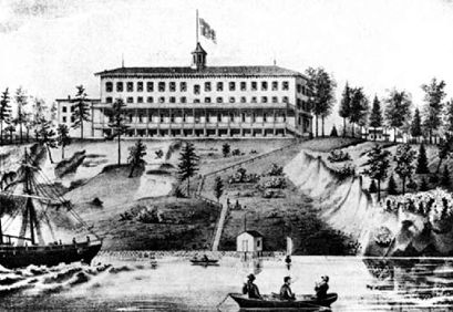 Historic illustration of a large Victorian-era building complex on a hillside, showing Trall's Hygeian Home and Hygeio-Therapeutic College at Florence Heights, New Jersey