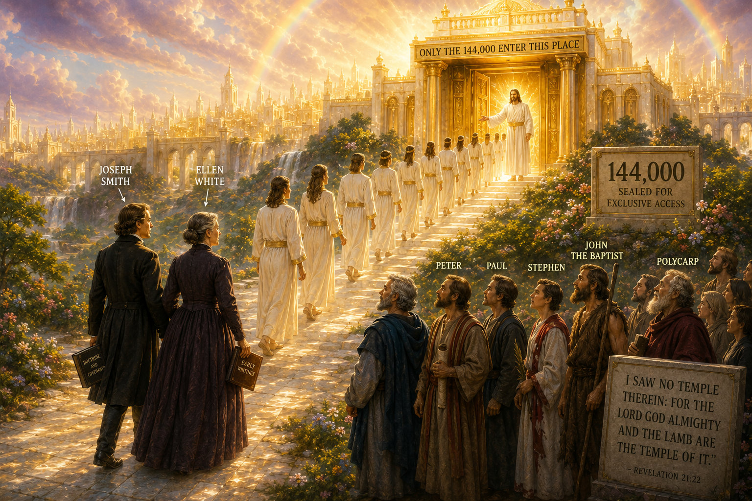 Ellen White and Joseph Smith entering the exclusinve 144,000 building while the martyrs watch in disdain